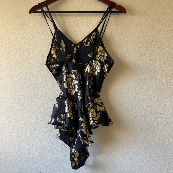 Vintage Black Satin Gold Floral Peplum Bodysuit Double Strap Lingerie - Picture 2 of 8